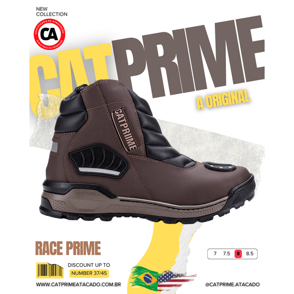 Vista lateral do coturno Catprime Race com zíper e sola robusta. Coturno masculino Race da Catprime, cano alto e cheio de atitude. Detalhe da proteção de marcha do coturno Race Catprime.