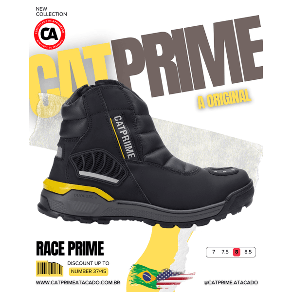 Vista lateral do coturno Catprime Race com zíper e sola robusta. Coturno masculino Race da Catprime, cano alto e cheio de atitude. Detalhe da proteção de marcha do coturno Race Catprime.