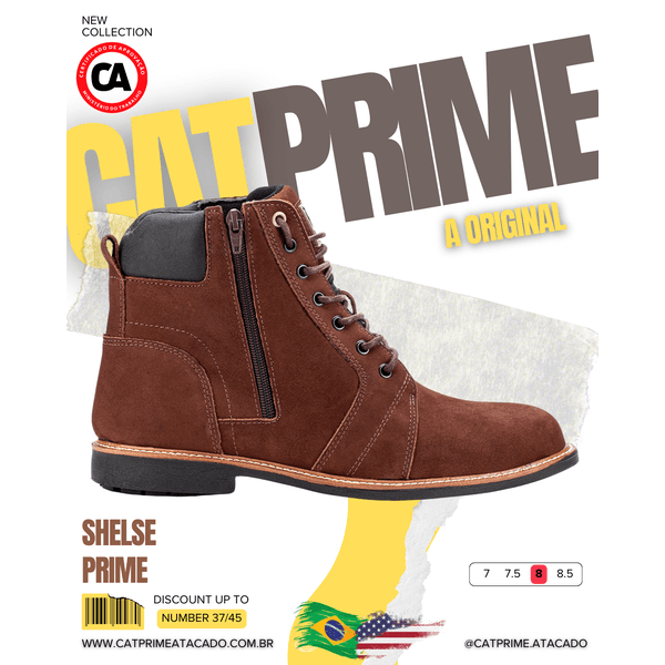 Vista lateral da bota Catprime em nobuck com zíper e sola de borracha. Bota Catprime em couro nobuck, estilo casual com zíper. Detalhe do solado com vira de recouro da bota Catprime masculina.