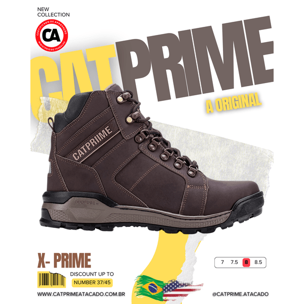 Coturno Catprime masculino em couro preto visto de lado, com solado robusto e design reforçado.