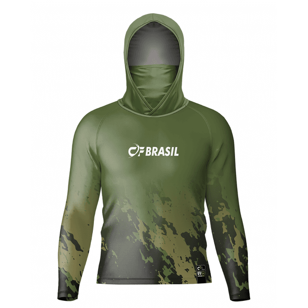 CAMISA DE PESCA LINHA EVOLUTION COM CAPUZ E BUFFER CAMUFLADO VERDE UNISSEX TAMANHO TRADICIONAL