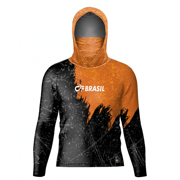 CAMISA DE PESCA LINHA EVOLUTION COM CAPUZ E BUFFER LARANJA COM PRETO UNISSEX TAMANHO TRADICIONAL
