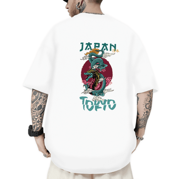 Camiseta Oversized Masculina Dragao Verde Japao Branco
