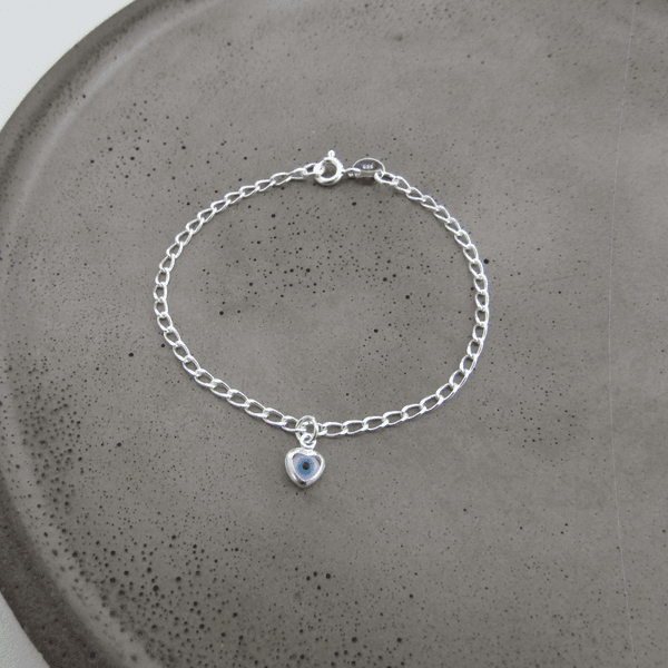 Pulseira Infantil 1 Coração Olho Grego Pendurado Elos Finos