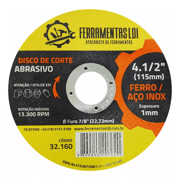 Disco de Corte Fino 4.1/2 115mm Inox Ferro - LDI Ferramentas