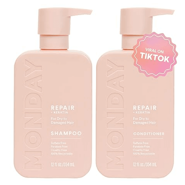 Shampoo e Condicionador MONDAY HAIRCARE Repair 12oz para Cabelos Secos e Danificados, Feito com Queratina, Óleo de Coco, Manteiga de Karité e Vitamina E.