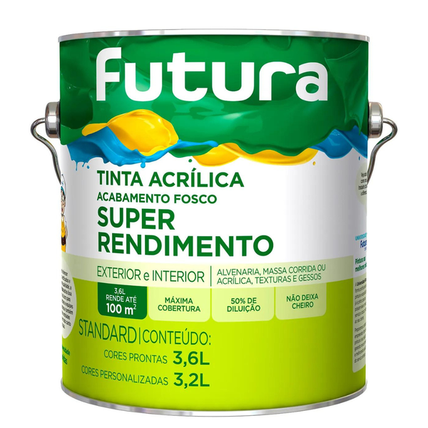 TINTA ACRILICA FOSCA (ESCOLHA A COR) 3,6 LITROS SUPER RENDIMENTO - FUTURA 