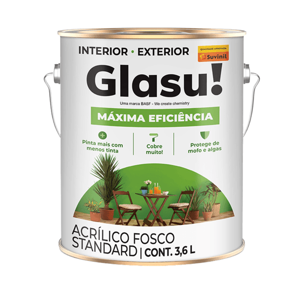 Tinta Acrílica Fosca Standard 3,6 Litros - GLASU! MÁXIMA EFICIÊNCIA - SUVINIL