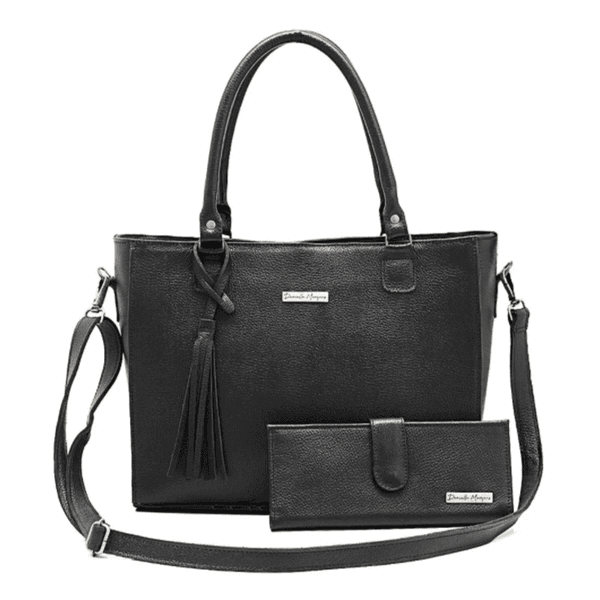 Bolsa Feminina Couro Legitimo 2 Alças +carteira preta DM-05B 