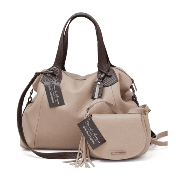 Kit bolsa grande e mini couro legítimo nude com alça marrom ref:DM-01A 