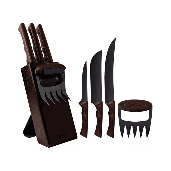JOGO DE FACAS INOX BLACK CEPO MADEIRA CHURRASCO TRAMONTINA 05 PEÇAS