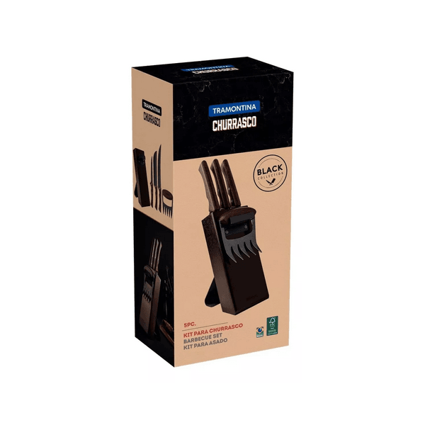 JOGO DE FACAS INOX BLACK CEPO MADEIRA CHURRASCO TRAMONTINA 05 PEÇAS