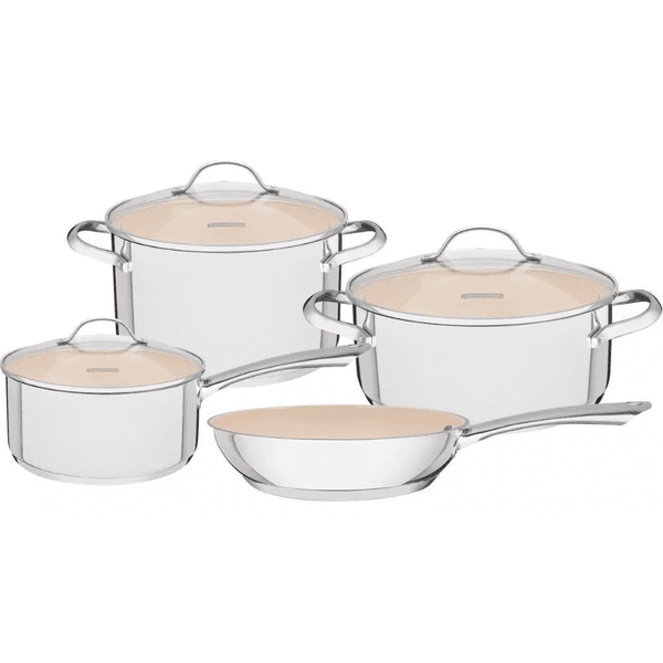 JOGO DE PANELAS AÇO INOX 4 PEÇAS UNA CERAMICA BEGE