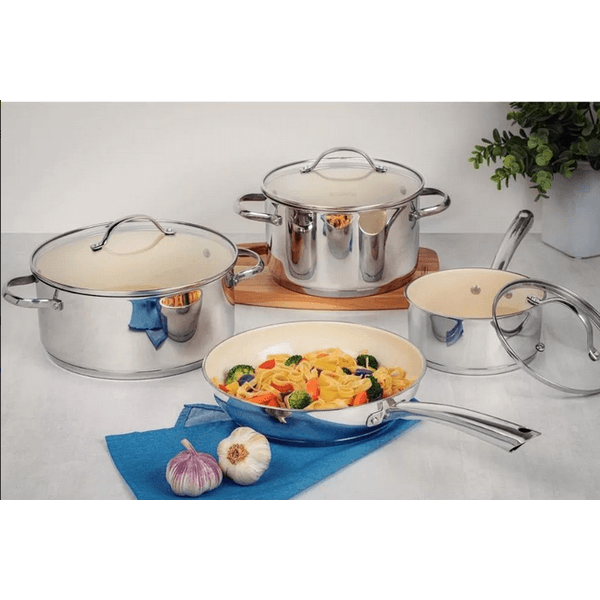 JOGO DE PANELAS AÇO INOX 4 PEÇAS UNA CERAMICA BEGE