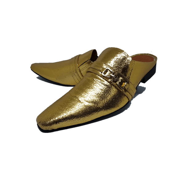 Babuche Masculino Italiano em Couro Social Executivo Kafkian Bico Fino Ref: 1014 Dourado Dourado