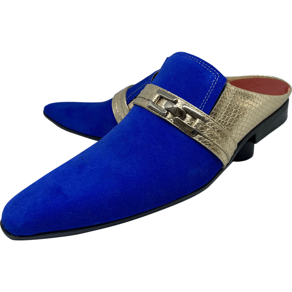 Babuche Masculino Italiano em Couro Social Executivo Belford Bico Fino Ref: 1033 Azul Azul