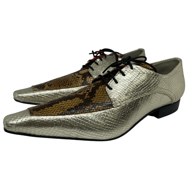 Sapato Masculino Italiano em Couro Social Executivo Dourado Cobra Spice Bico Fino Ref: 105 Dourado
