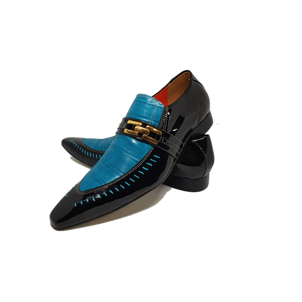Sapato Masculino Italiano em Couro Social Executivo Azul Plato Bico Fino Ref: 248 Azul