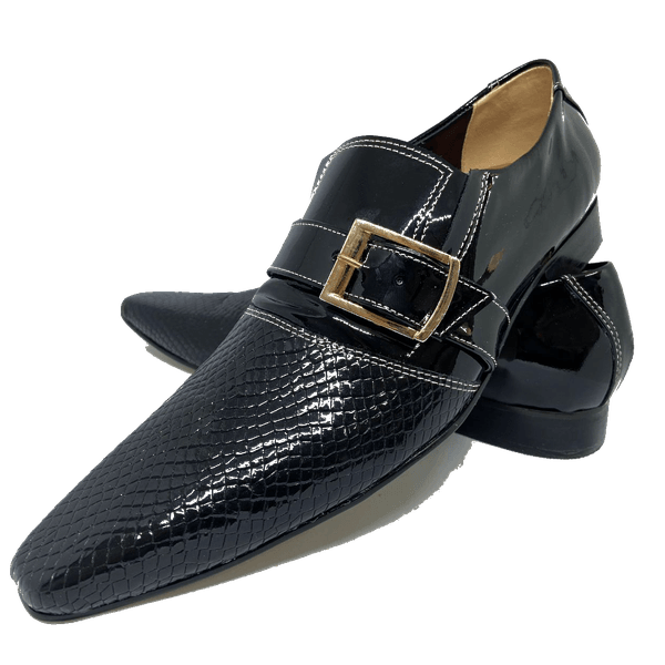 Sapato Masculino Italiano em Couro Social Executivo Cobra Preto Brás Bico Fino Ref: 397 Preto