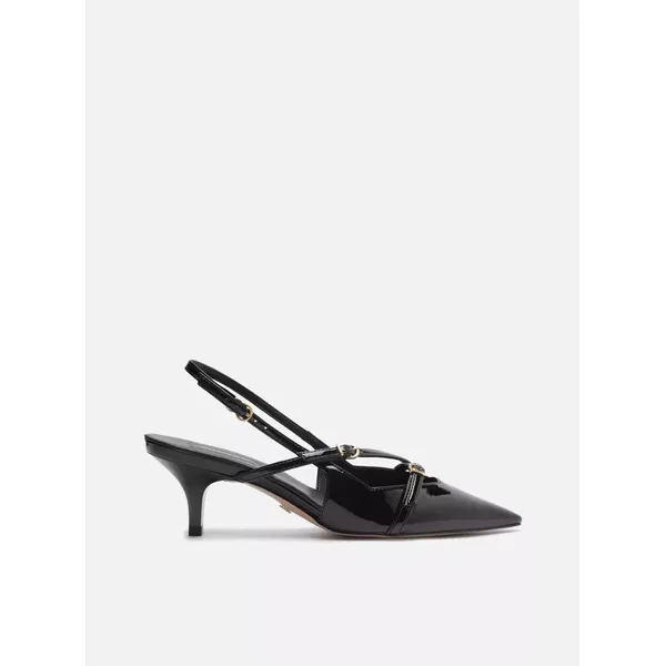 Scarpin Preto Verniz Salto Médio Slingback Amélia