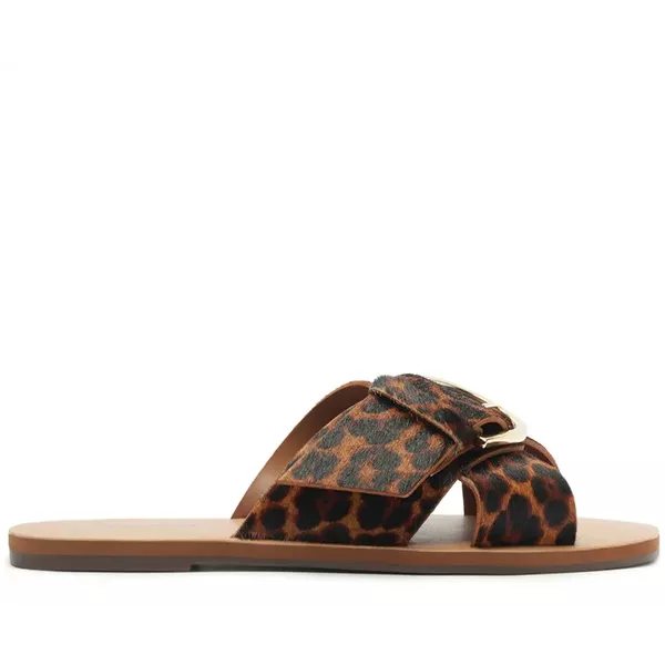 Rasteira Tiras Cruzadas Fivela Couro Elise Animal Print 