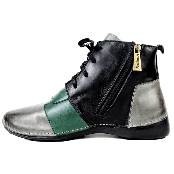 Bota Alívio Feminina em Couro Legítimo e Palmilha Gel - GRAFITE/PRETO/VERDE - Sola Preta (AL001) 