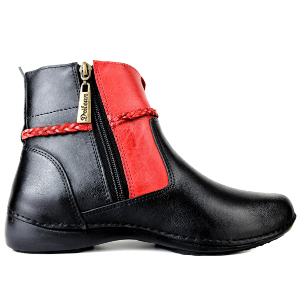 Bota Alívio Feminina em Couro Legítimo e Palmilha Gel - Preto/Vermelho/Verde - Sola Preta (AL002)