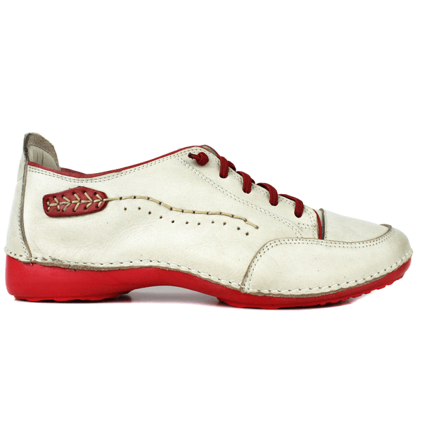 Tênis Feminino de Couro Legítimo com Palmilha em Gel - Off White /Vermelho - Sola Vermelha (AL008)