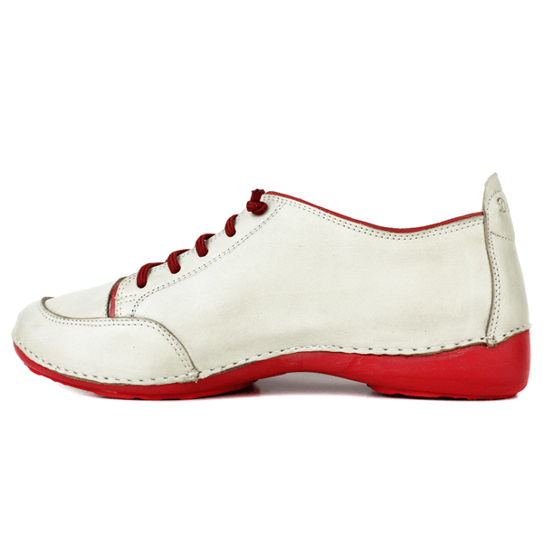 Tênis Feminino de Couro Legítimo com Palmilha em Gel - Off White /Vermelho - Sola Vermelha (AL008)