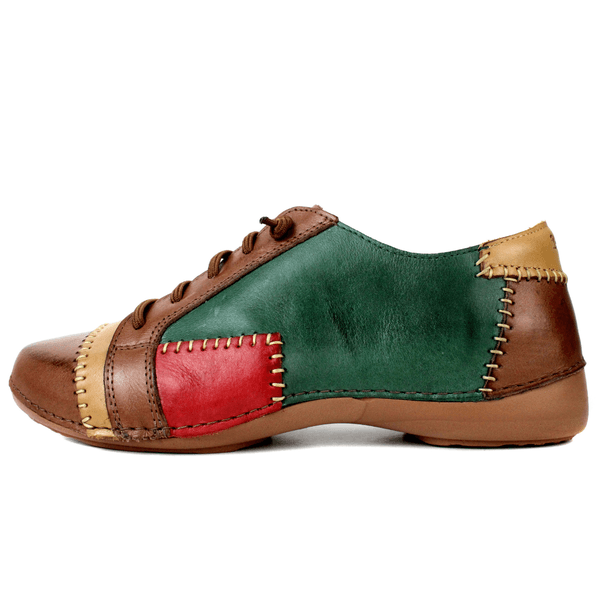 Tênis Alívio Feminino em Couro Legítimo e Palmilha Gel - Verde/Castanho/Caramelo/Vermelho - Sola Castanho (AL010)