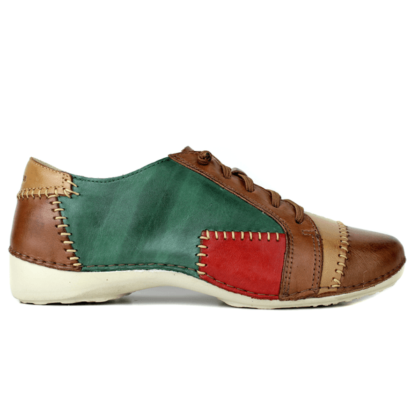 Tênis Alívio Feminino em Couro Legítimo e Palmilha Gel - Verde/ Castanho/ Caramelo/ Vermelho - Sola Off (AL010)