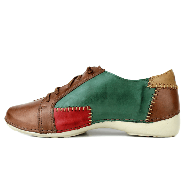 Tênis Alívio Feminino em Couro Legítimo e Palmilha Gel - Verde/ Castanho/ Caramelo/ Vermelho - Sola Off (AL010)