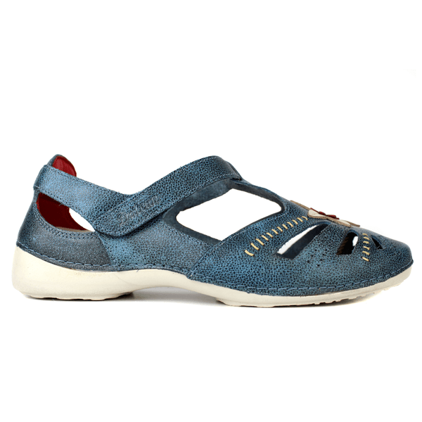 Sapatilha Feminina em Couro Legítimo e Palmilha Gel - Bicolor Azul /Off /Vermelho - Sola Off (AL016)