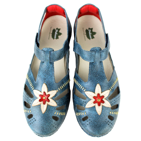 Sapatilha Feminina em Couro Legítimo e Palmilha Gel - Bicolor Azul /Off /Vermelho - Sola Off (AL016)