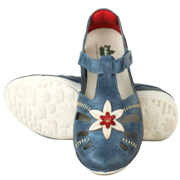 Sapatilha Feminina em Couro Legítimo e Palmilha Gel - Bicolor Azul /Off /Vermelho - Sola Off (AL016)