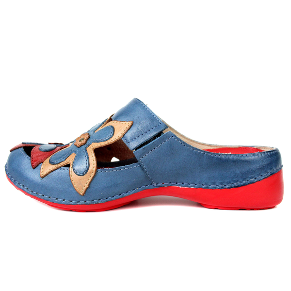 Mule Ortopédico Feminino em Couro Legitimo Palmilha Gel - Azul/Laranja/Off/Vermelho - Sola Vermelha (AL023)