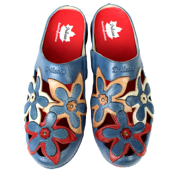 Mule Ortopédico Feminino em Couro Legitimo Palmilha Gel - Azul/Laranja/Off/Vermelho - Sola Vermelha (AL023)