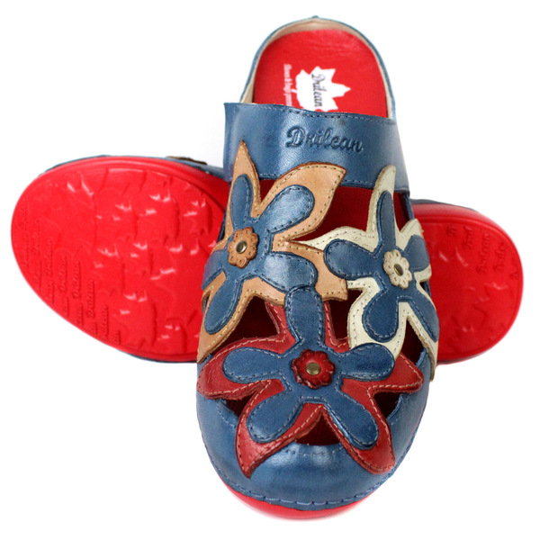Mule Ortopédico Feminino em Couro Legitimo Palmilha Gel - Azul/Laranja/Off/Vermelho - Sola Vermelha (AL023)