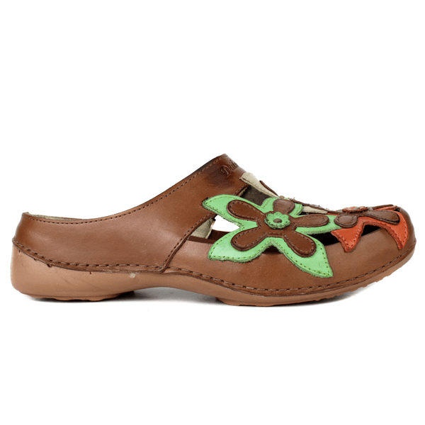 Mule Feminino Ortopédico em Couro Legítimo e Palmilha Gel - Castanho /Pistache /Off /Coral - Sola Castanho (AL023)