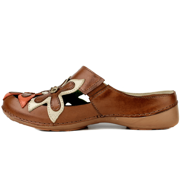 Mule Feminino Ortopédico em Couro Legítimo e Palmilha Gel - Castanho /Pistache /Off /Coral - Sola Castanho (AL023)