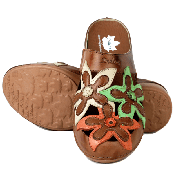 Mule Feminino Ortopédico em Couro Legítimo e Palmilha Gel - Castanho /Pistache /Off /Coral - Sola Castanho (AL023)