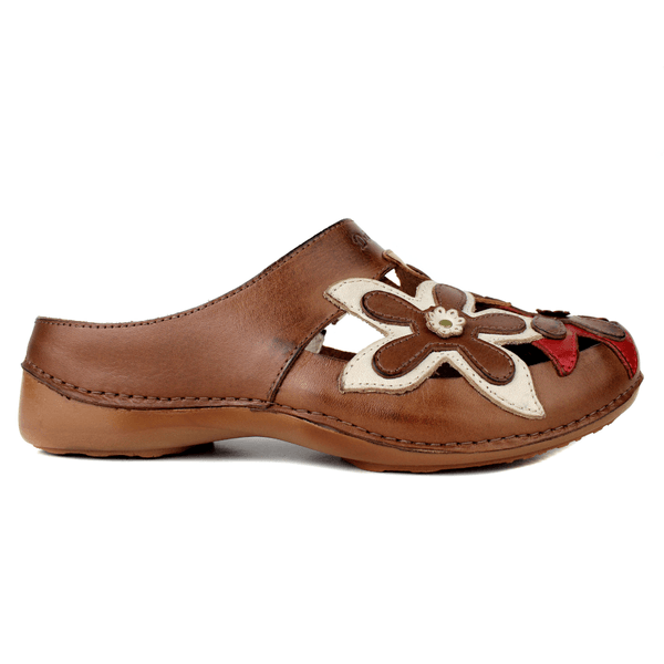 Mule Feminino Ortopédico em Couro Legítimo e Palmilha Gel - Castanho /Off /Laranja /Vermelho - Sola Castanho (AL023)