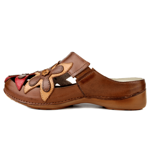 Mule Feminino Ortopédico em Couro Legítimo e Palmilha Gel - Castanho /Off /Laranja /Vermelho - Sola Castanho (AL023)