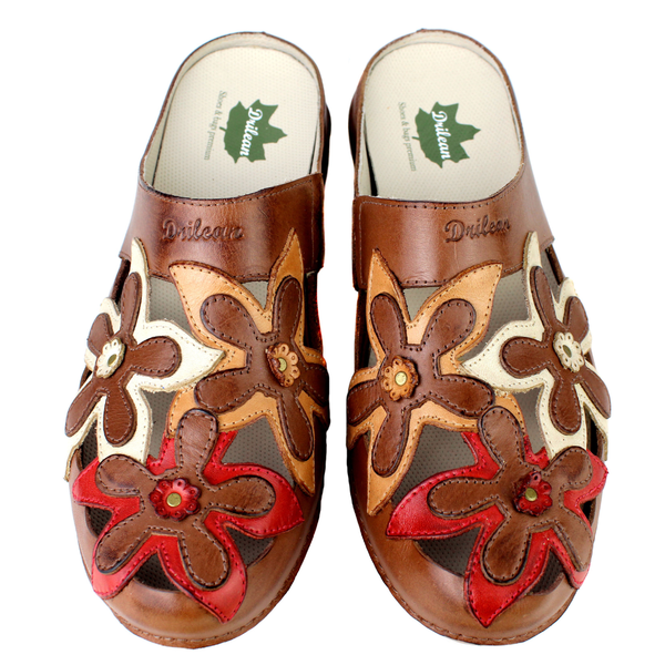 Mule Feminino Ortopédico em Couro Legítimo e Palmilha Gel - Castanho /Off /Laranja /Vermelho - Sola Castanho (AL023)