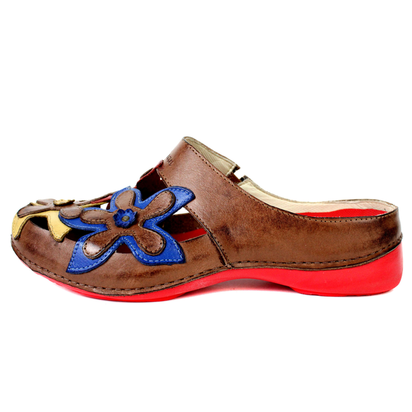 Mule Feminino Ortopédico em Couro Legítimo e Palmilha Gel - Castanho/Royal/Vermelho/Amarelo - Sola Vermelha (AL023) 38 OUTLET