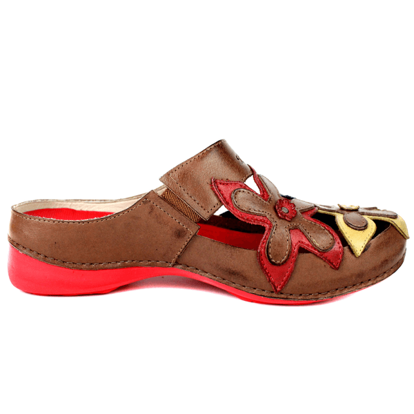 Mule Feminino Ortopédico em Couro Legítimo e Palmilha Gel - Castanho/Royal/Vermelho/Amarelo - Sola Vermelha (AL023) 38 OUTLET