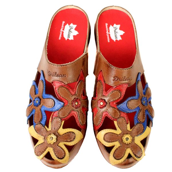 Mule Feminino Ortopédico em Couro Legítimo e Palmilha Gel - Castanho/Royal/Vermelho/Amarelo - Sola Vermelha (AL023) 38 OUTLET