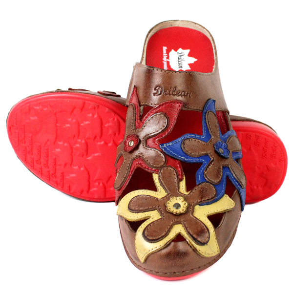 Mule Feminino Ortopédico em Couro Legítimo e Palmilha Gel - Castanho/Royal/Vermelho/Amarelo - Sola Vermelha (AL023) 38 OUTLET