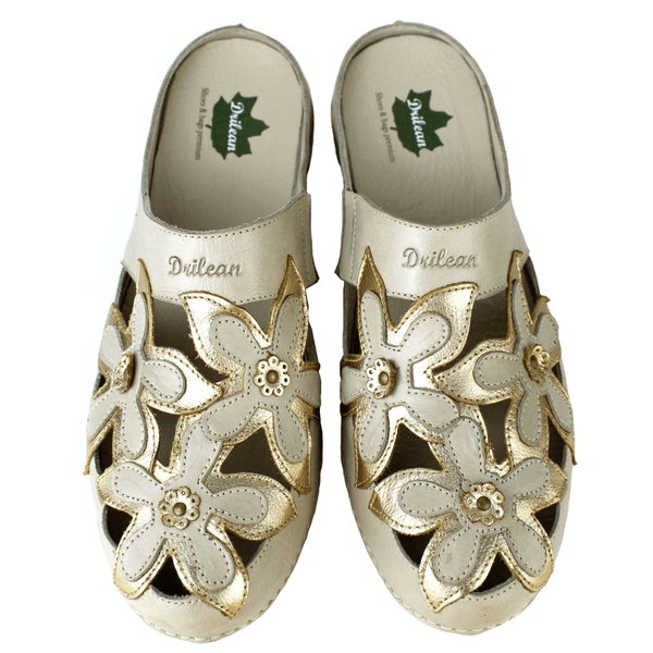 Mule Feminino Ortopédico em Couro Legítimo e Palmilha Gel - Off /Ouro - Sola Off (AL023) 