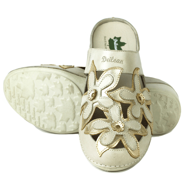 Mule Feminino Ortopédico em Couro Legítimo e Palmilha Gel - Off /Ouro - Sola Off (AL023) 